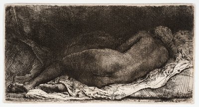 De naakte vrouw, slapend met haar billen in de wind door Rembrandt Harmensz. van Rijn