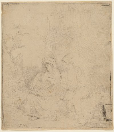 De rust tijdens de vlucht naar Egypte: licht geëtst door Rembrandt Harmensz. van Rijn