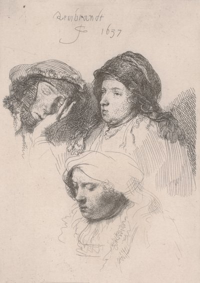 Drie Hoofden van Vrouwen, Eén Slapend door Rembrandt van Rijn