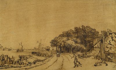 Uitzicht op de Amstel: de weg op de Amsteldijk naar Trompenburg, ca. 1649-50 door Rembrandt Harmensz. van Rijn