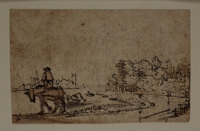 Gezicht op de Amstel, met een paard dat een schuit sleept, ca. 1650 door Rembrandt Harmensz. van Rijn