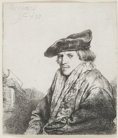 Jonge man met een fluwelen pet en boeken naast hem door Rembrandt van Rijn