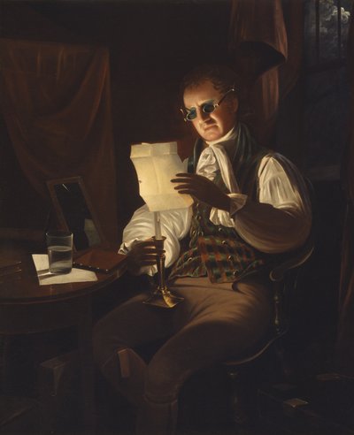 Man die leest bij kaarslicht door Rembrandt Peale