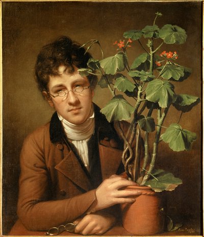 Portret van de schilder Rubens Peale (1784-1864) met een geranium. Schilderij door Rembrandt Peale (1778-1860) 1801. Privécollectie door Rembrandt Peale