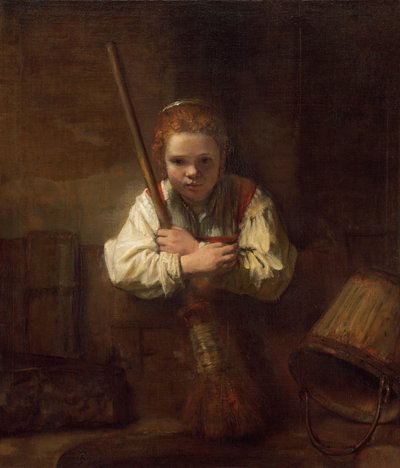 Een Meisje met een Bezem door Rembrandt Workshop