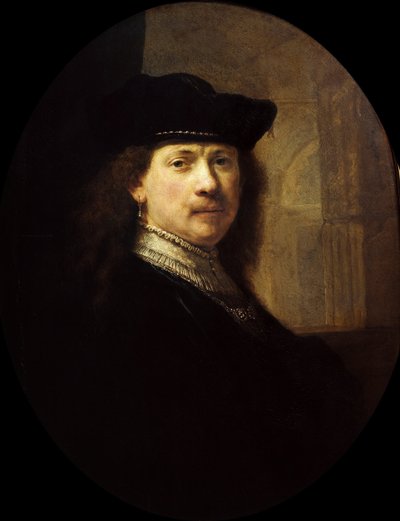 Zelfportret met een architecturale achtergrond door Rembrandt van Rhijn,