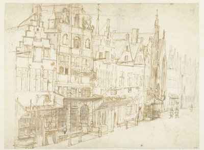 Gezicht op een huizenrij in een stad door Rembrandt van Rijn (school of)