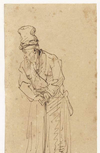 Oude man leunend op een stok door Rembrandt van Rijn (school of)