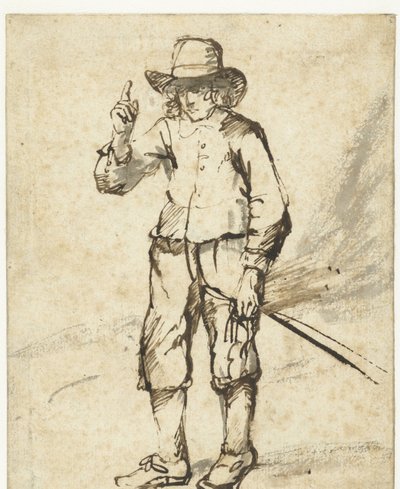 Staande jongen met een zweep en zijn rechterhand omhoog door Rembrandt van Rijn (school of)