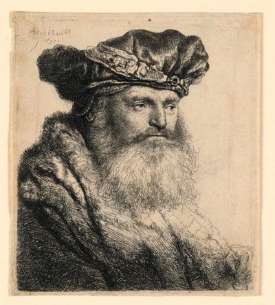 Een Bebaarde Man met een Fluwelen Muts met een Juweel door Rembrandt van Rijn