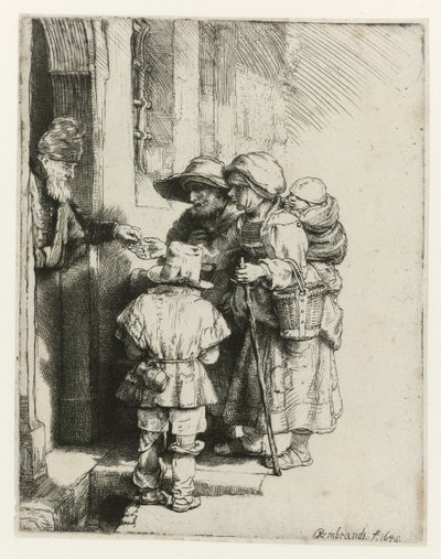 Een blinde draailierspeler en zijn familie door Rembrandt van Rijn