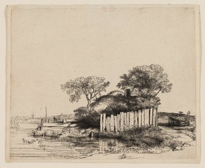 Een Cottage met Witte Omheining door Rembrandt van Rijn