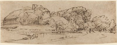 Een Landschap met Boerderijen tussen Bomen door Rembrandt van Rijn