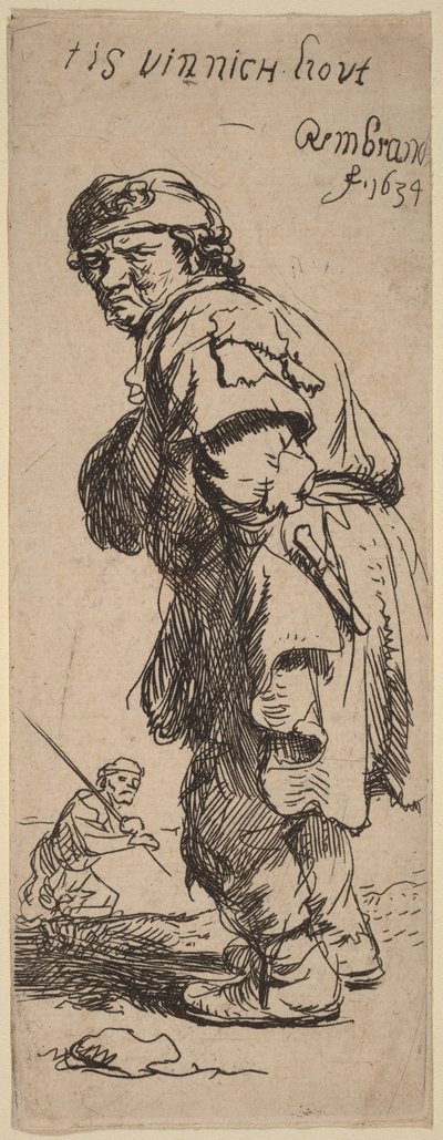 Een boer roept: „tis vinnich kout“ (Het is ijskoud) door Rembrandt van Rijn