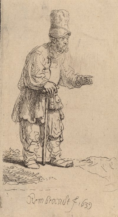 Een Boer in een Hoge Hoed, Staand Leunend op een Stok, 1639 door Rembrandt van Rijn