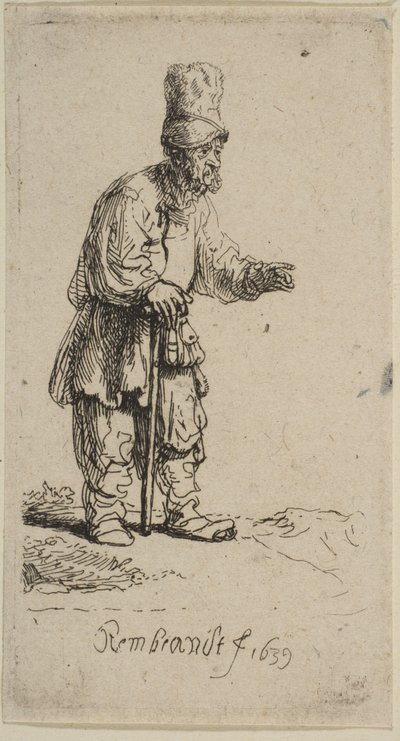 Een boer met een hoge pet, staand leunend op een stok, 1639 door Rembrandt van Rijn