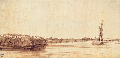 Een Rivier met een Zeilboot op Nieuwe Meer door Rembrandt van Rijn