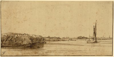 Een Zeilboot op een Wijde Wateroppervlakte, c.1650 door Rembrandt van Rijn