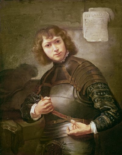 Een jonge man in harnas door Rembrandt van Rijn