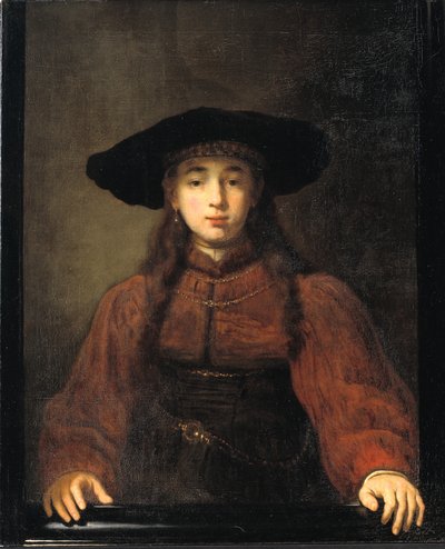 Een jonge vrouw die haar handen op de schilderijlijst rust door Rembrandt van Rijn