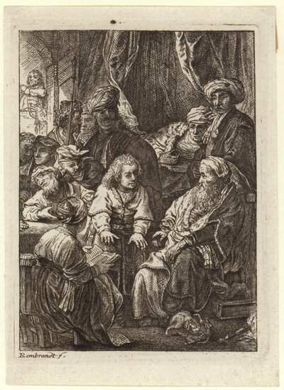 Een menigte mensen verzameld rond een zittende oude man door Rembrandt van Rijn