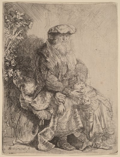 Abraham die Isaak liefkoost door Rembrandt van Rijn