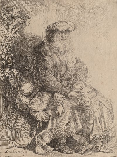 Abraham streelt Isaak door Rembrandt van Rijn