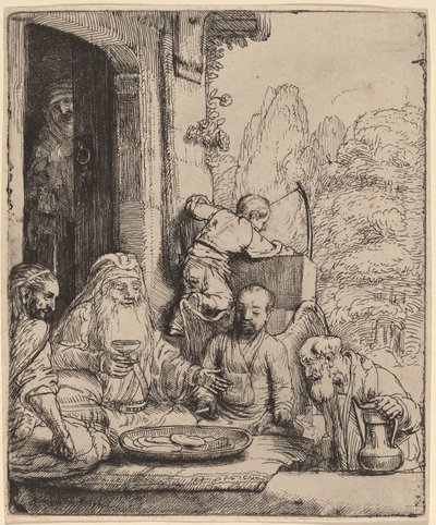 Abraham ontvangt de engelen door Rembrandt van Rijn