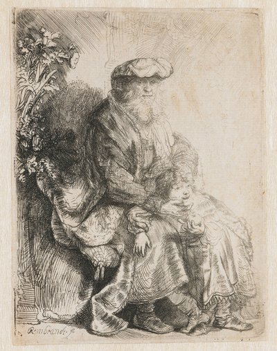 Abraham streelt Isaac door Rembrandt van Rijn