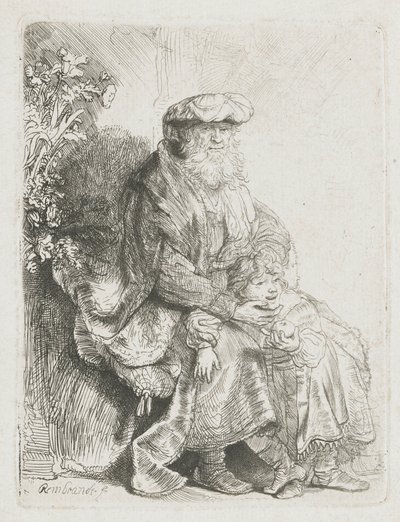 Abraham streelt Isaac door Rembrandt van Rijn