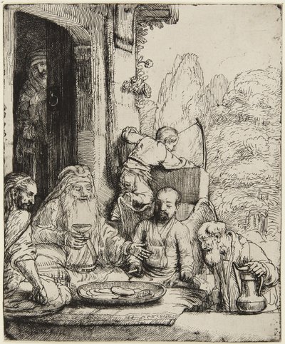 Abraham ontvangt de engelen door Rembrandt van Rijn
