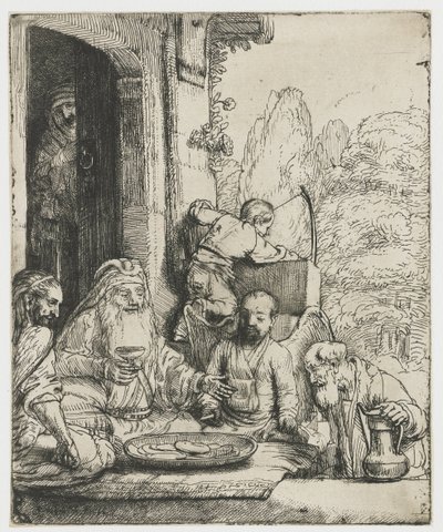 Abraham ontvangt de engelen door Rembrandt van Rijn