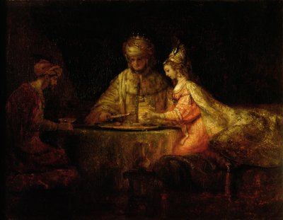 Ahasveros (Xerxes), Haman en Esther, c.1660 door Rembrandt van Rijn