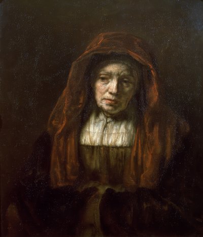 Oude vrouw met hoofddoek door Rembrandt van Rijn