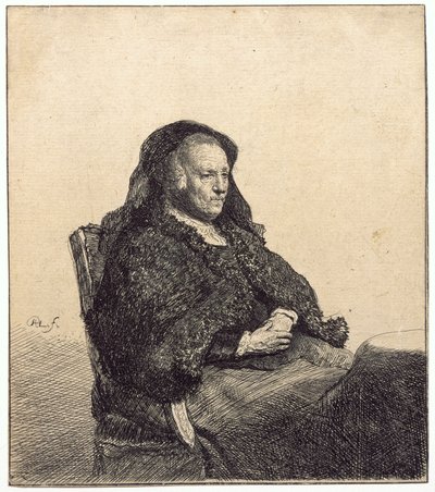 Een oudere vrouw (Rembrandts moeder, zittend aan een tafel) door Rembrandt van Rijn
