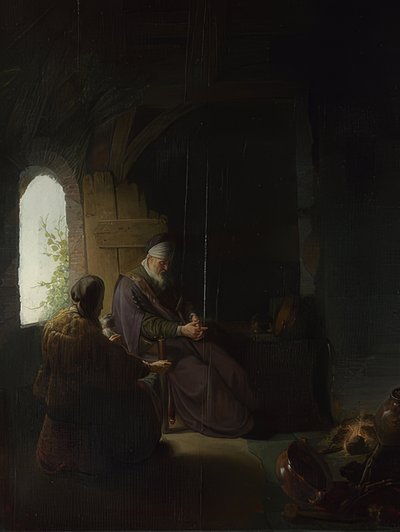 Anna en de blinde Tobit. Rond 1630 door Rembrandt van Rijn