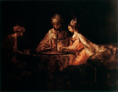 Assuerus, Haman en Esther door Rembrandt van Rijn