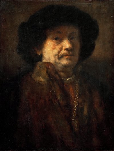 Zelfportret in een bontjas met gouden ketting en oorbel door Rembrandt van Rijn