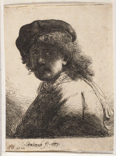 Zelfportret met baret en sjaal door Rembrandt van Rijn