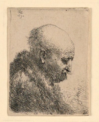 Kaal hoofd in profiel rechts: Kleine buste; De vader van de kunstenaar? door Rembrandt van Rijn