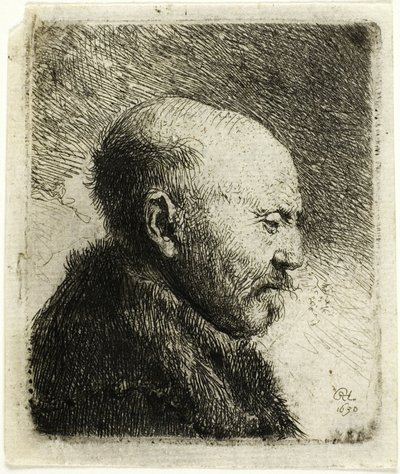 Man met kaal hoofd in profiel rechts: De vader van de kunstenaar () door Rembrandt van Rijn