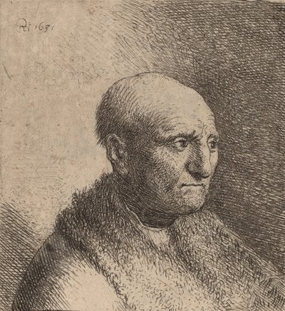 Kale man in een bontjas door Rembrandt van Rijn