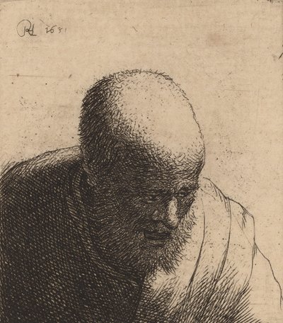 Kale man met open mond, kijkend naar beneden, ca. 1630 door Rembrandt van Rijn