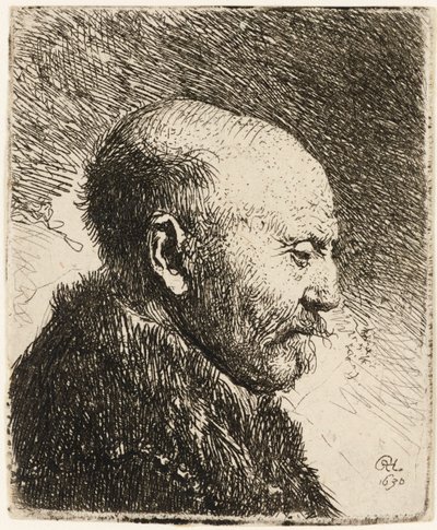 Kaal hoofd man in profiel naar rechts: Rembrandts vader (1630) door Rembrandt van Rijn