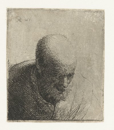 Kale man met open mond, naar beneden kijkend: buste door Rembrandt van Rijn