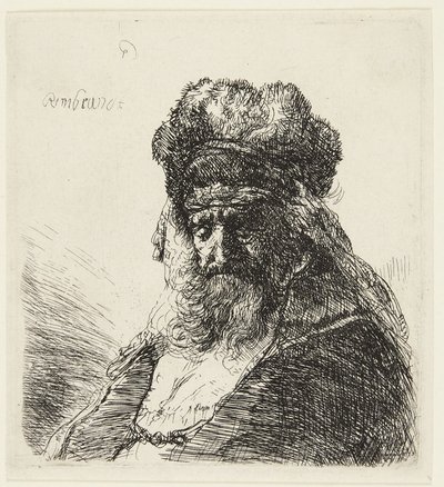 Een bebaarde oude man met een hoge bontmuts, met gesloten ogen door Rembrandt van Rijn