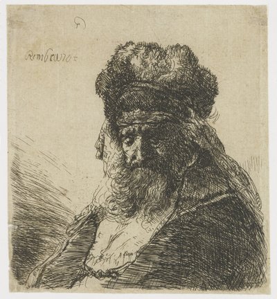 Bejaarde man met baard en hoge bontmuts, met gesloten ogen door Rembrandt van Rijn