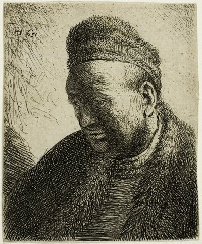 Baardloze Man in een Bontjas en Muts: Buste door Rembrandt van Rijn
