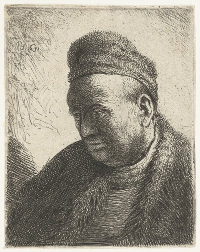 Baardloze man in een bontjas en muts: buste door Rembrandt van Rijn