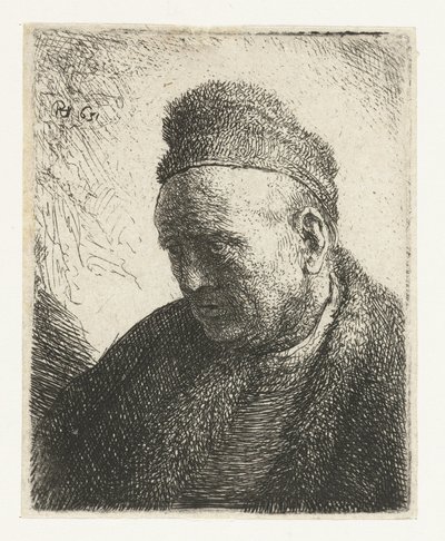 Beardless man in a fur cloak and cap: bust door Rembrandt van Rijn
